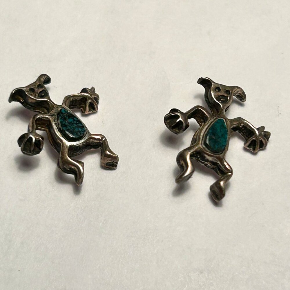 Earrings, Silver and Green Turquoise, Tiny Petroglyph Man